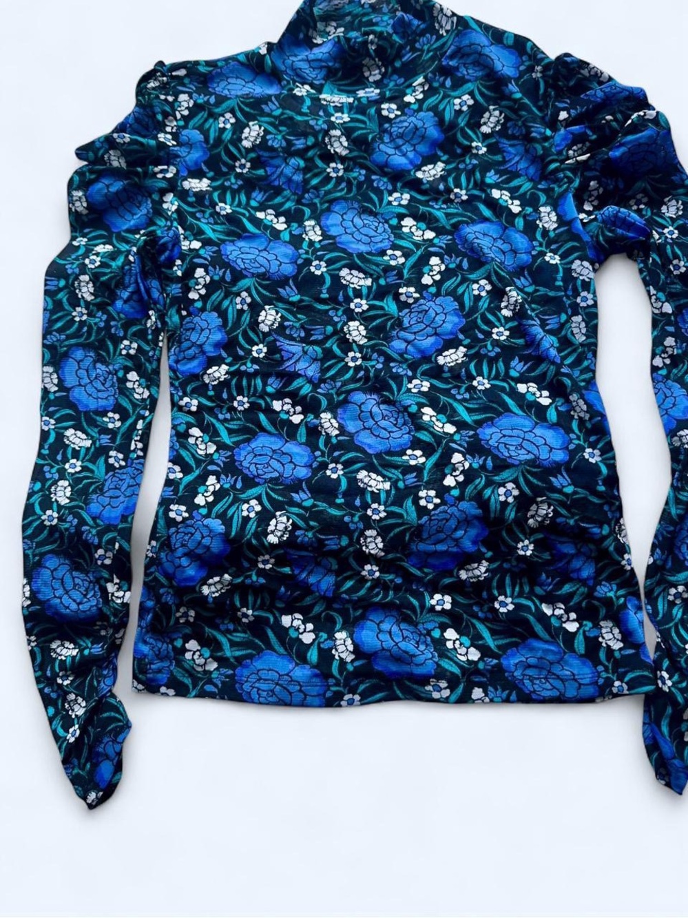 Diane Von Furstenberg Blue Floral Turtleneck Long Sleeve Top